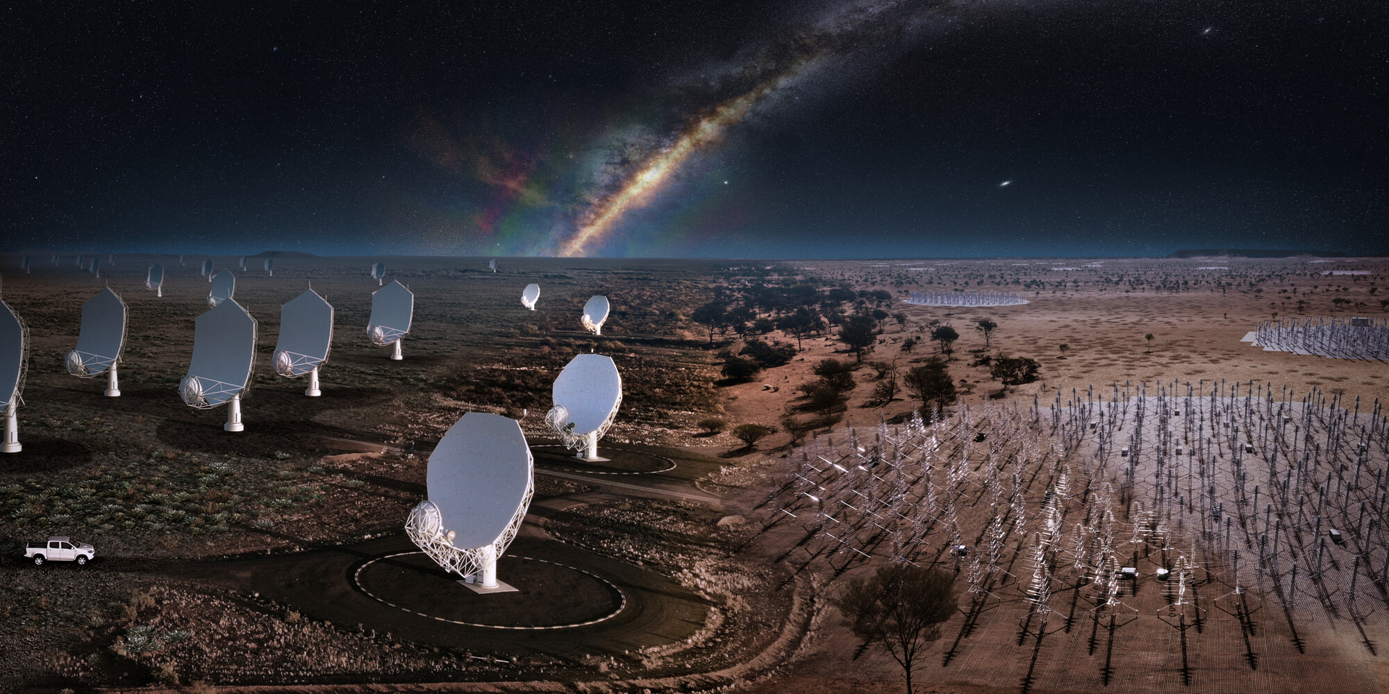 An artist's impression of the SKA telescopes at night. Credit SKAO.